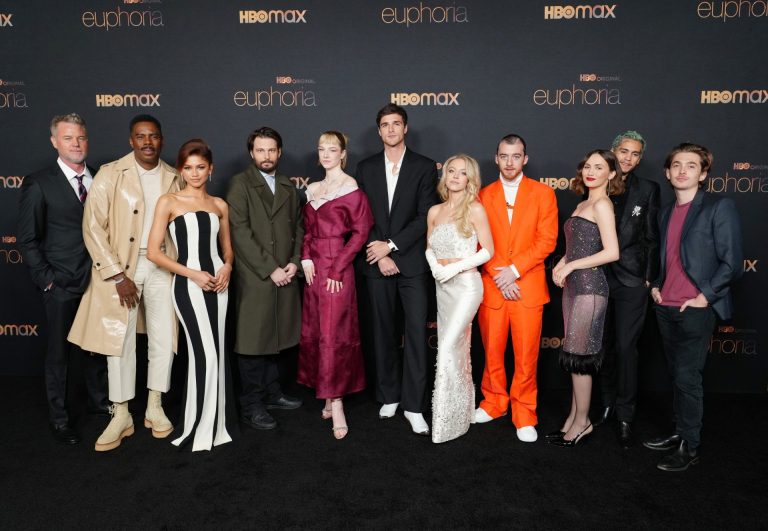 LOS ANGELES, CALIFORNIA - JANUARY 05: (L-R) Eric Dane, Colman Domingo, Zendaya, Sam Levinson, Hunter Schafer, Jacob Elordi, Sydney Sweeney, Angus Cloud, Maude Apatow, Dominic Fike and Austin Abrams attend HBO's "Euphoria" Season 2 Photo Call at Goya Studios on January 05, 2022 in Los Angeles, California.